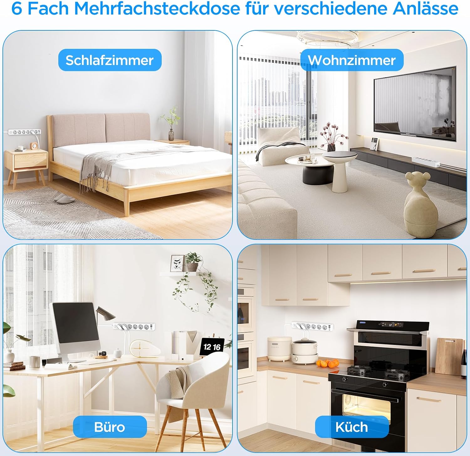 Beizkna 10-in-1 Steckdosenleiste mit USB-C, 3680W & 1,8 m Kabel