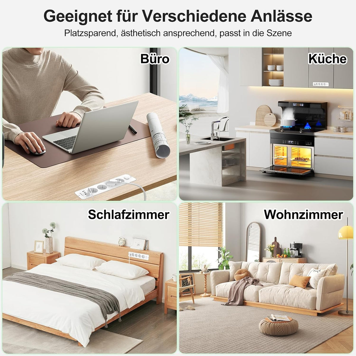 Darbony 8-in-1 Einbausteckdose mit 4 USB-Anschlüssen & 2 m Kabel