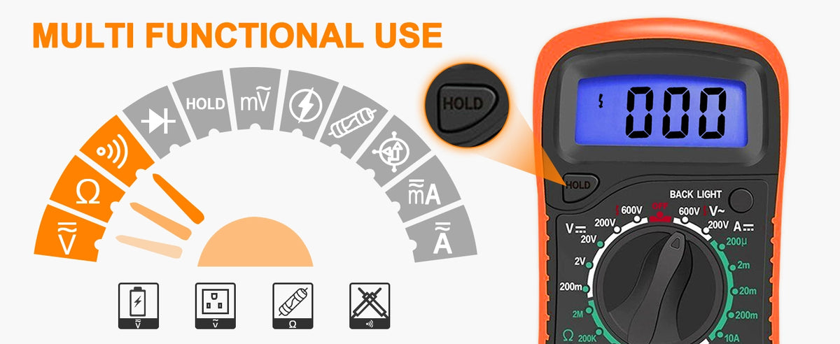 Works as a Voltmeter, Ammeter, OHM meter, Battery tester, Voltage tester