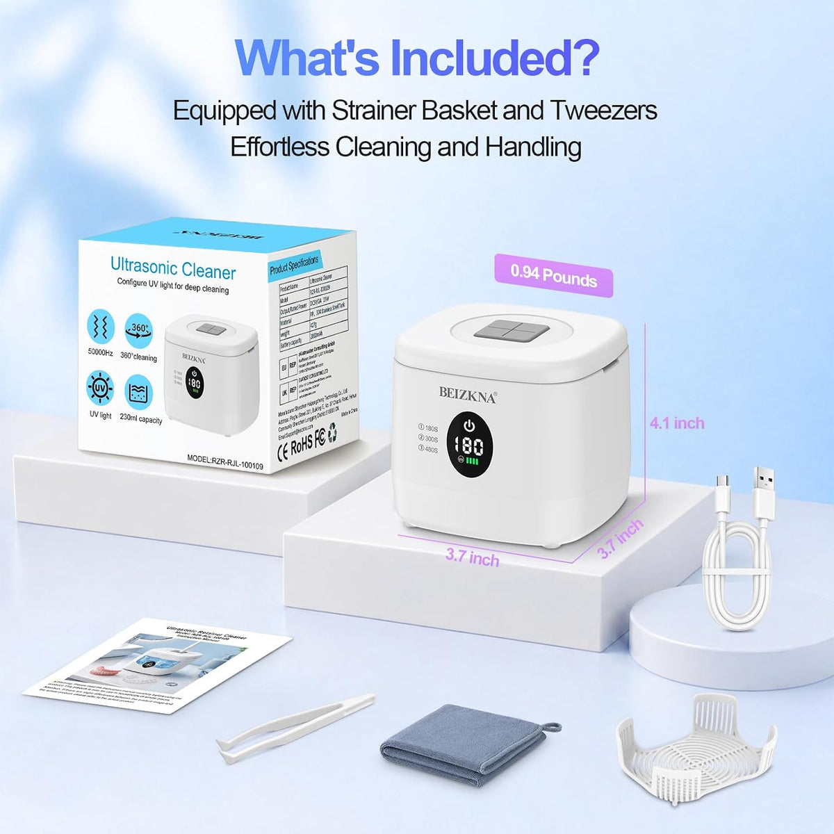 Ultrasonic Retainer Cleaner Machine 50kHz Dental Cleaning Pod with 4 UV