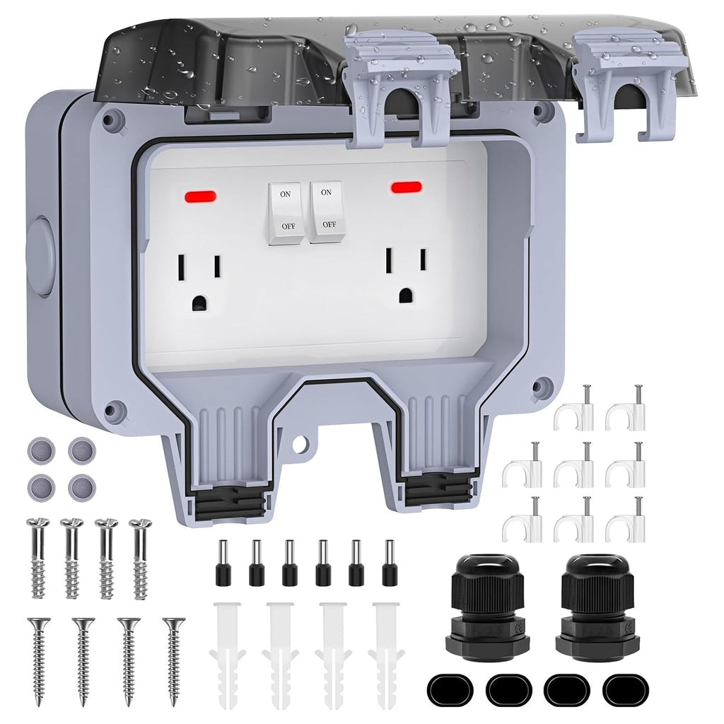 IP66 Weatherproof 2-Gang Outdoor Outlet with Switches & Cover