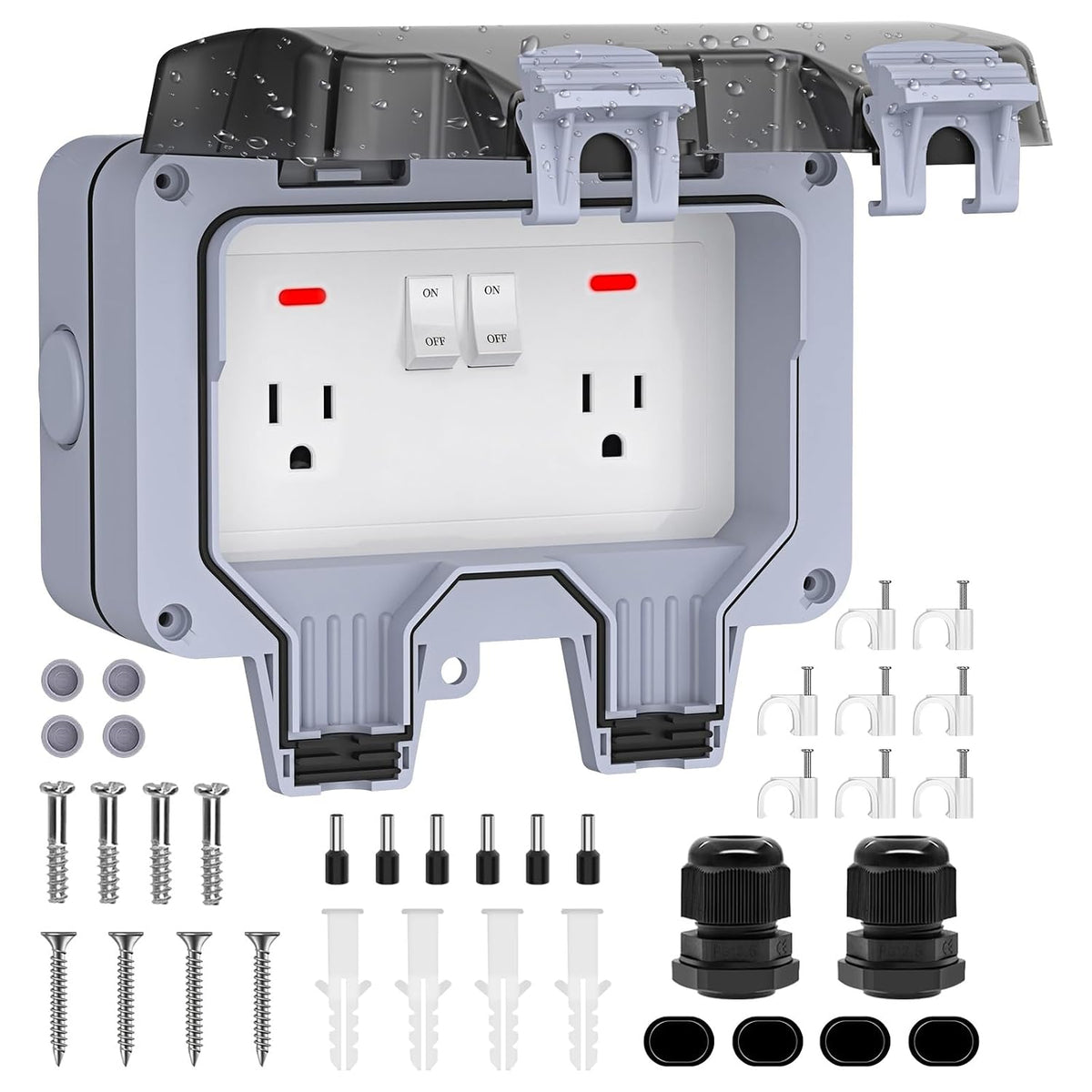 IP66 Weatherproof 2-Gang Outdoor Outlet with Switches & Cover