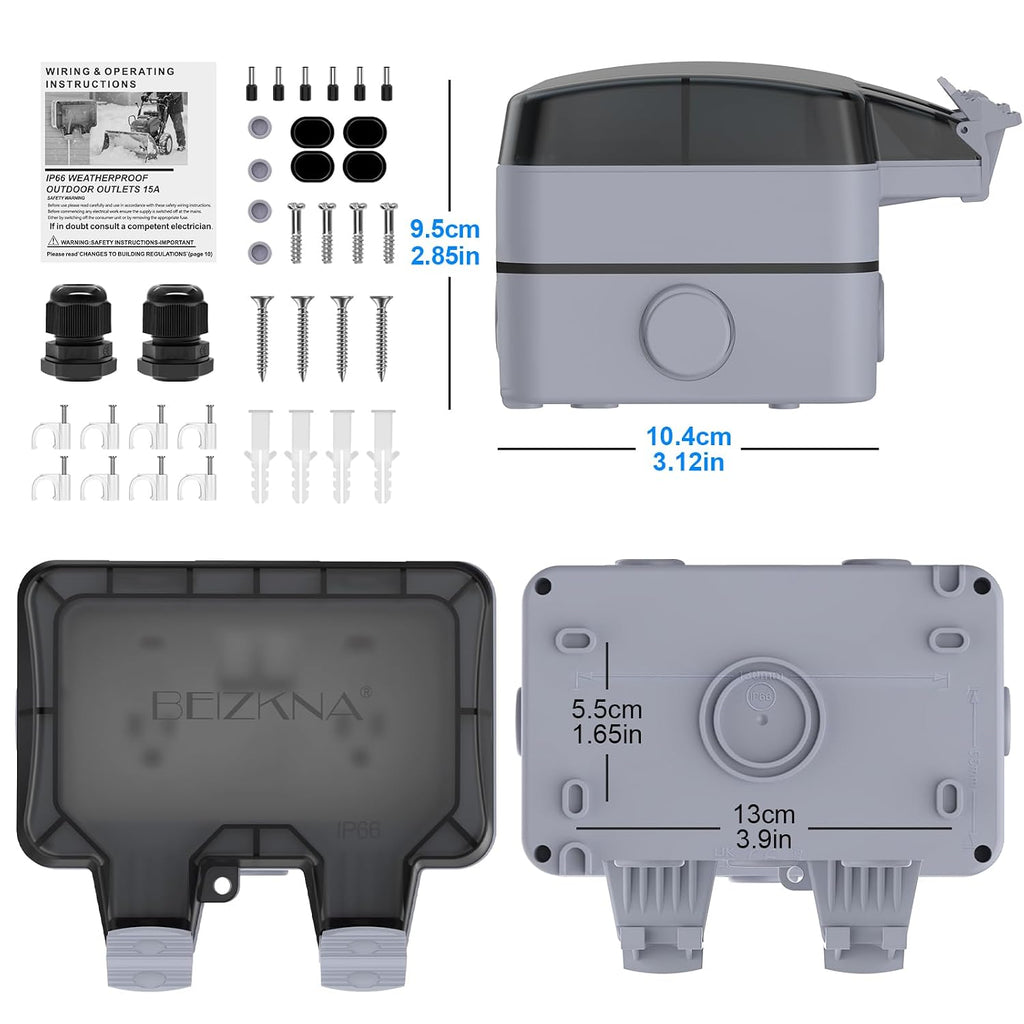 IP66 Weatherproof 2-Gang Outdoor Outlet with Switches & Cover