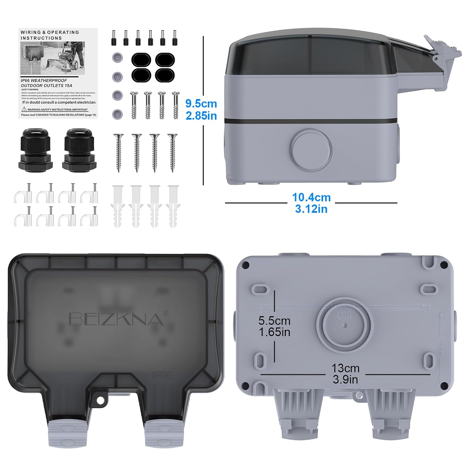 IP66 Weatherproof 2-Gang Outdoor Outlet with Switches & Cover