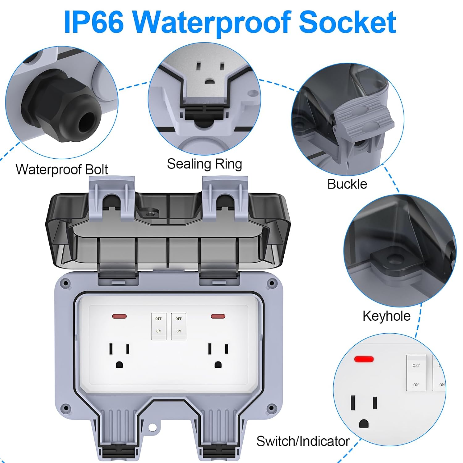 IP66 Weatherproof 2-Gang Outdoor Outlet with Switches & Cover