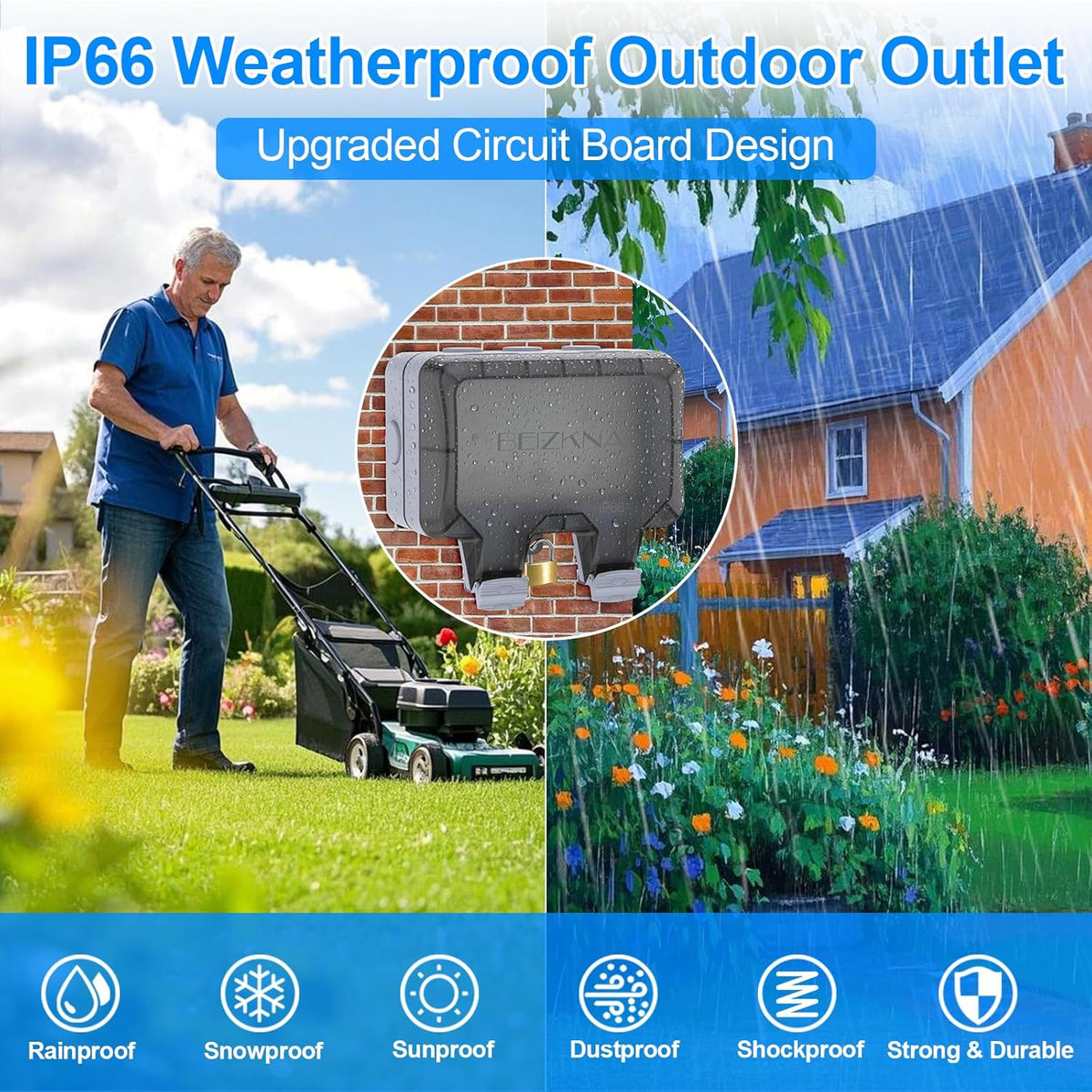 IP66 Weatherproof 2-Gang Outdoor Outlet with Switches & Cover