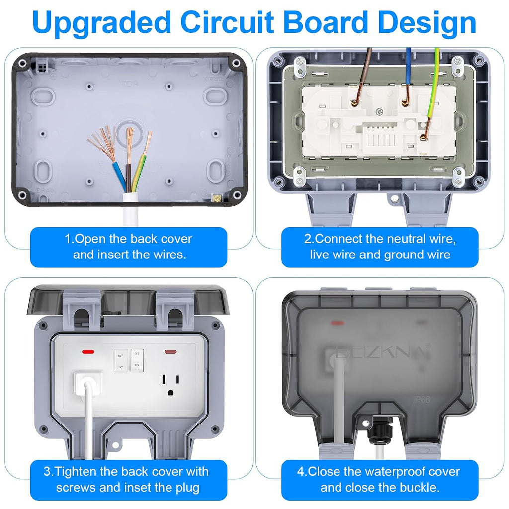 IP66 Weatherproof 2-Gang Outdoor Outlet with Switches & Cover