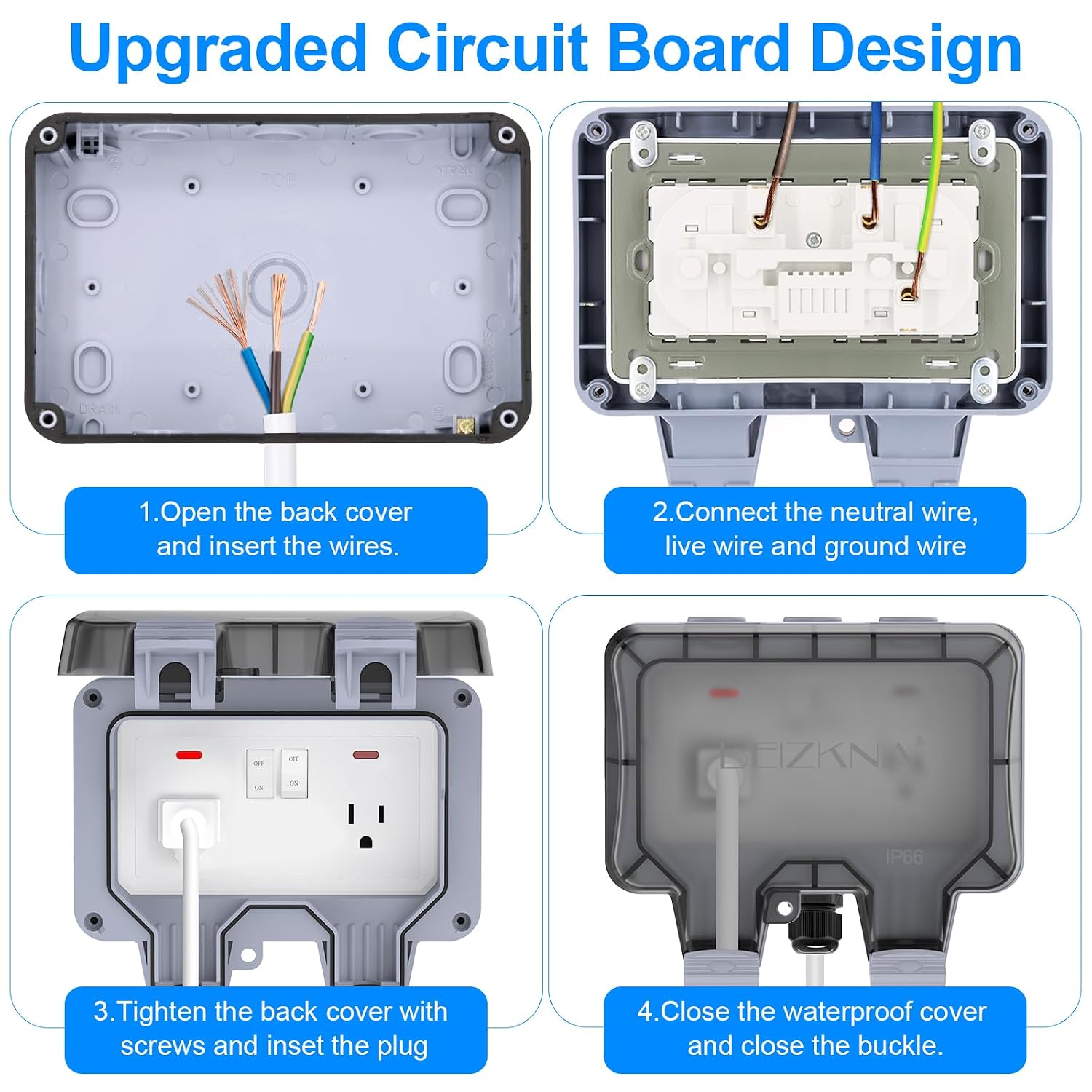 IP66 Weatherproof 2-Gang Outdoor Outlet with Switches & Cover